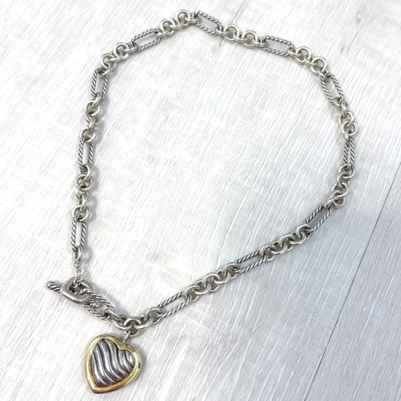 David Yurman 925 Sterling Silver 18K Yellow Gold Heart Pendant Figaro Necklace - Picture 2 of 7